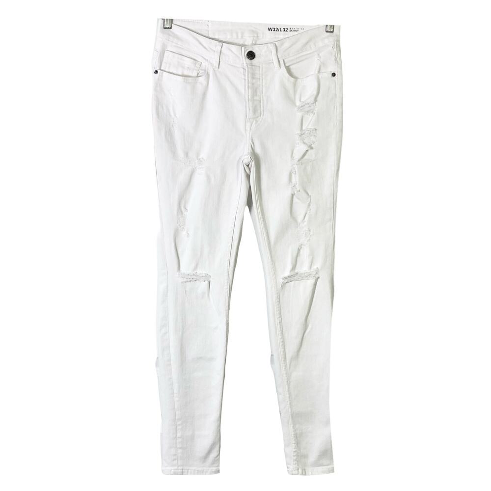 DENIM & CO Jeans Mens W32XL32 White Skinny Distressed-Ripped 5-Pockets Stretchy